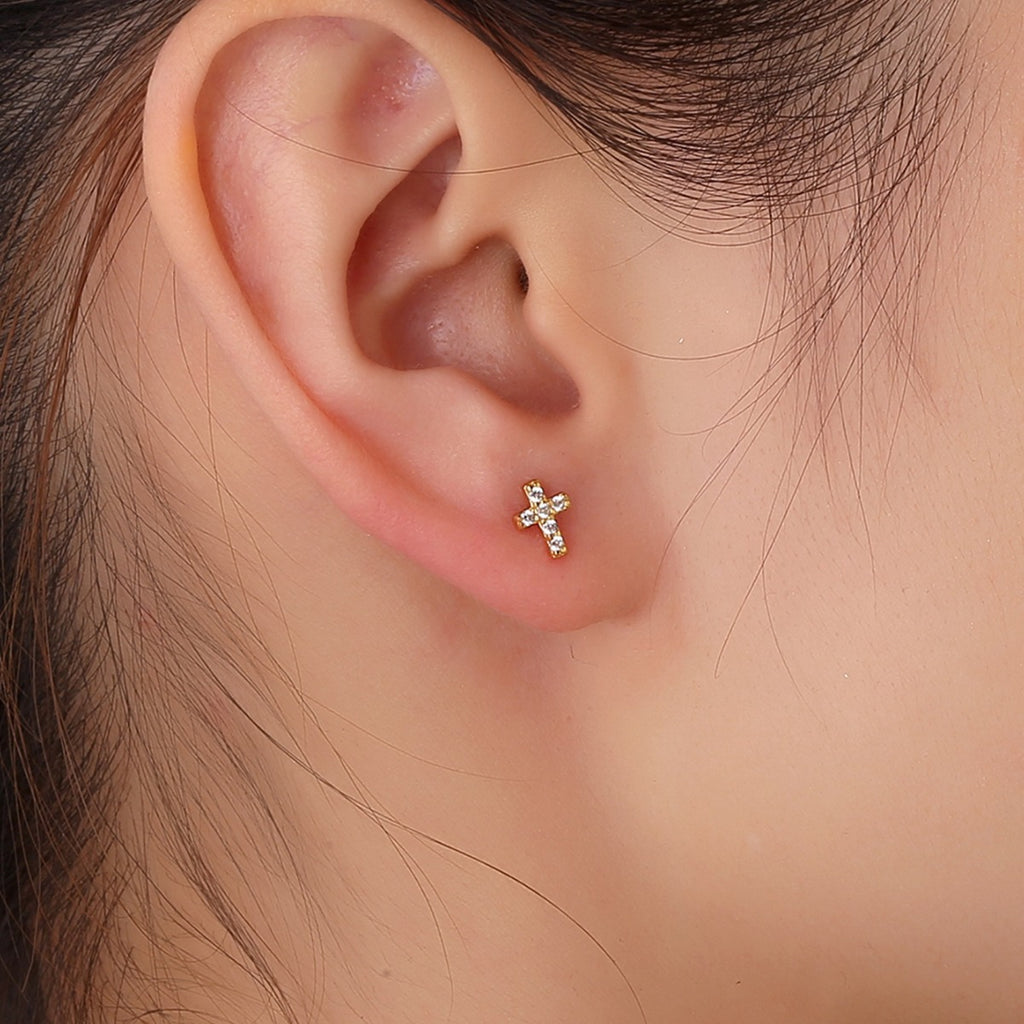 925 Sterling Silver Pavé Cross Ball-Back Stud Earrings — gold cross stud worn on ear
