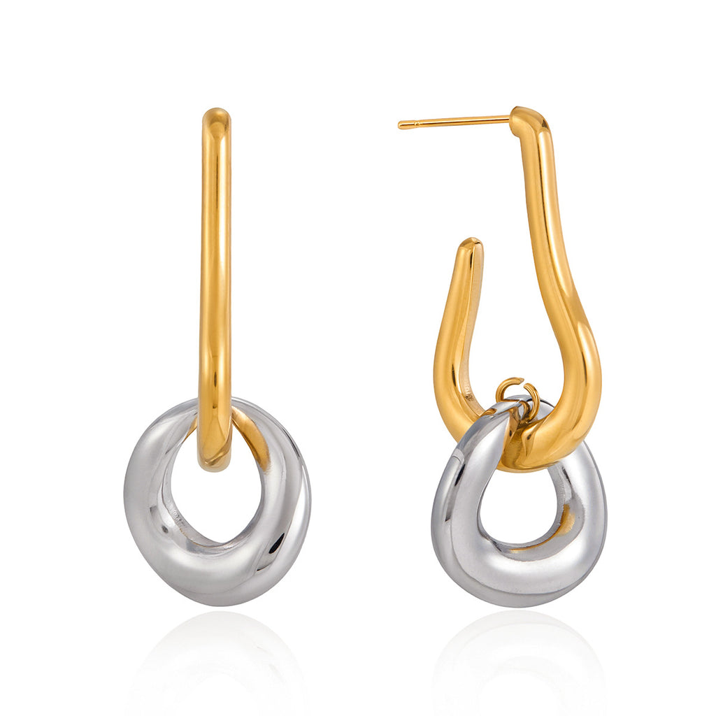 isolated gold plated hook and silver-finish ring drop earrings