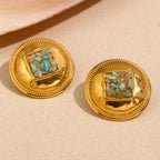 gold plated round stud earrings with square green stone chip centers
