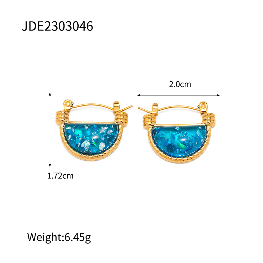 Blue accent curved hoop earrings with dimensions