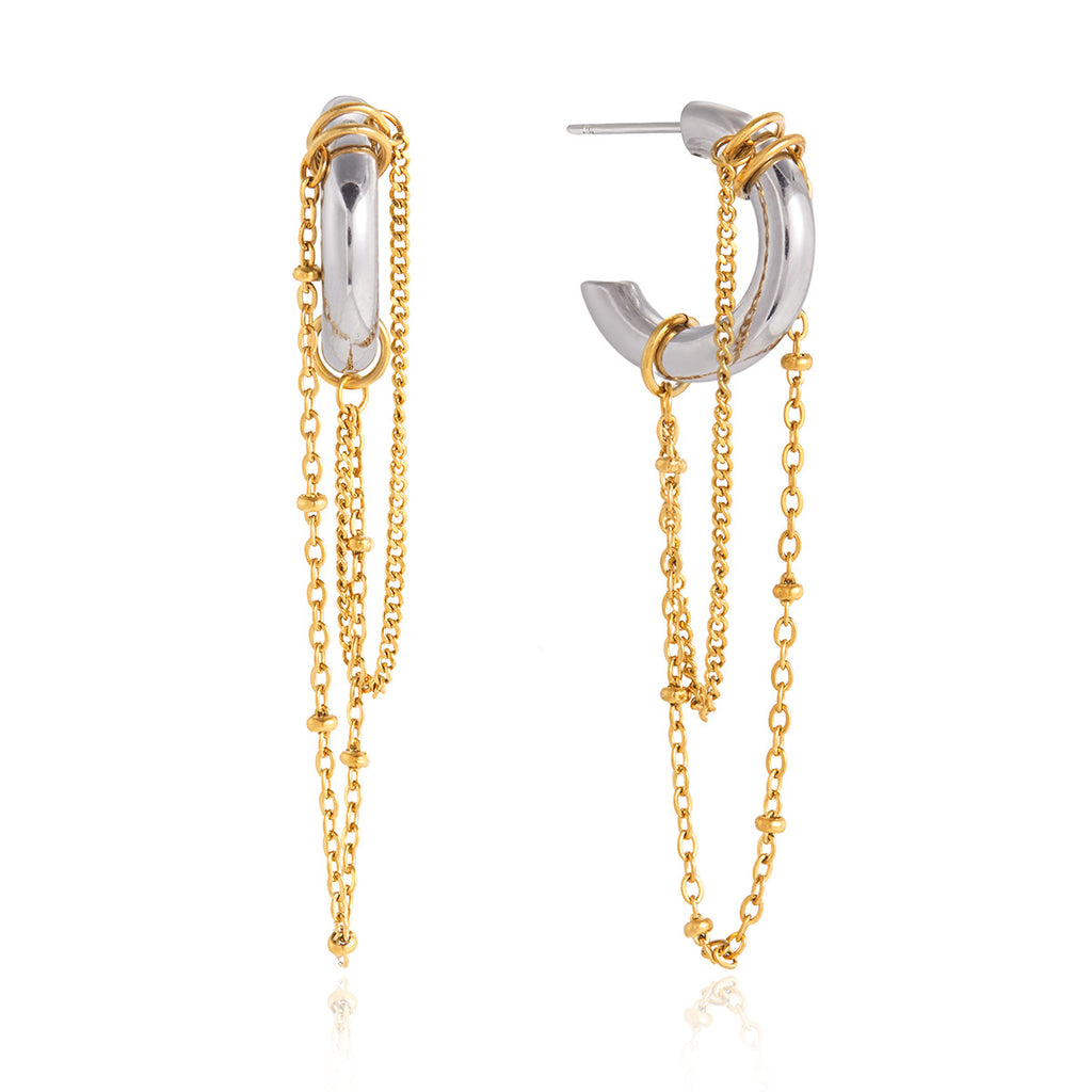 front and side views of two-tone chain tassel earrings