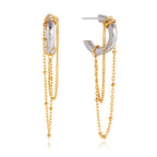 front and side views of two-tone chain tassel earrings