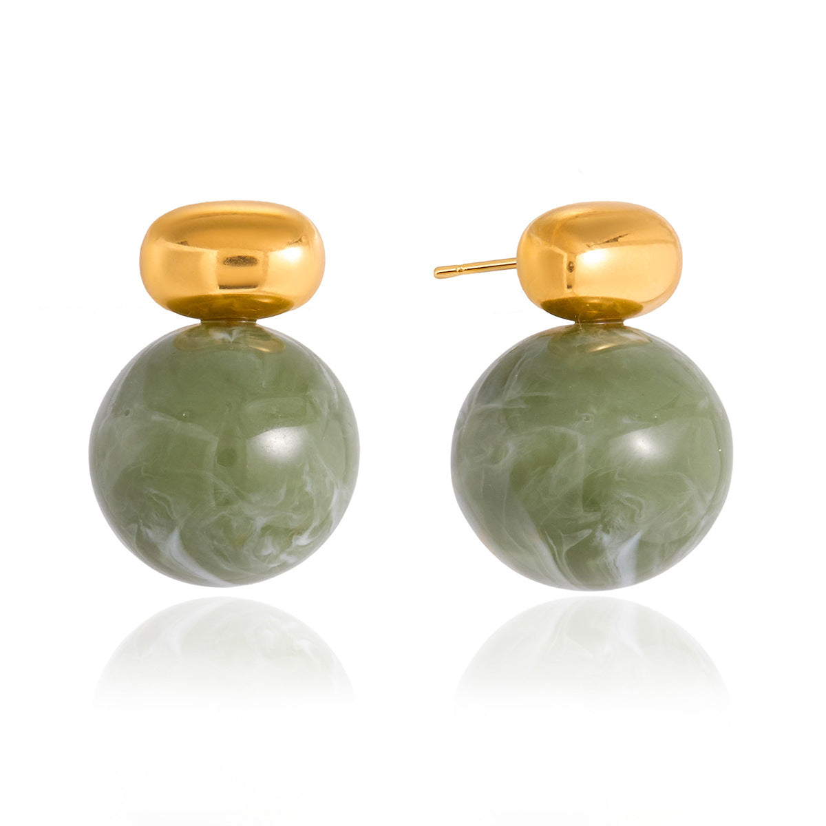 front and side views of green resin bead drop stud earrings