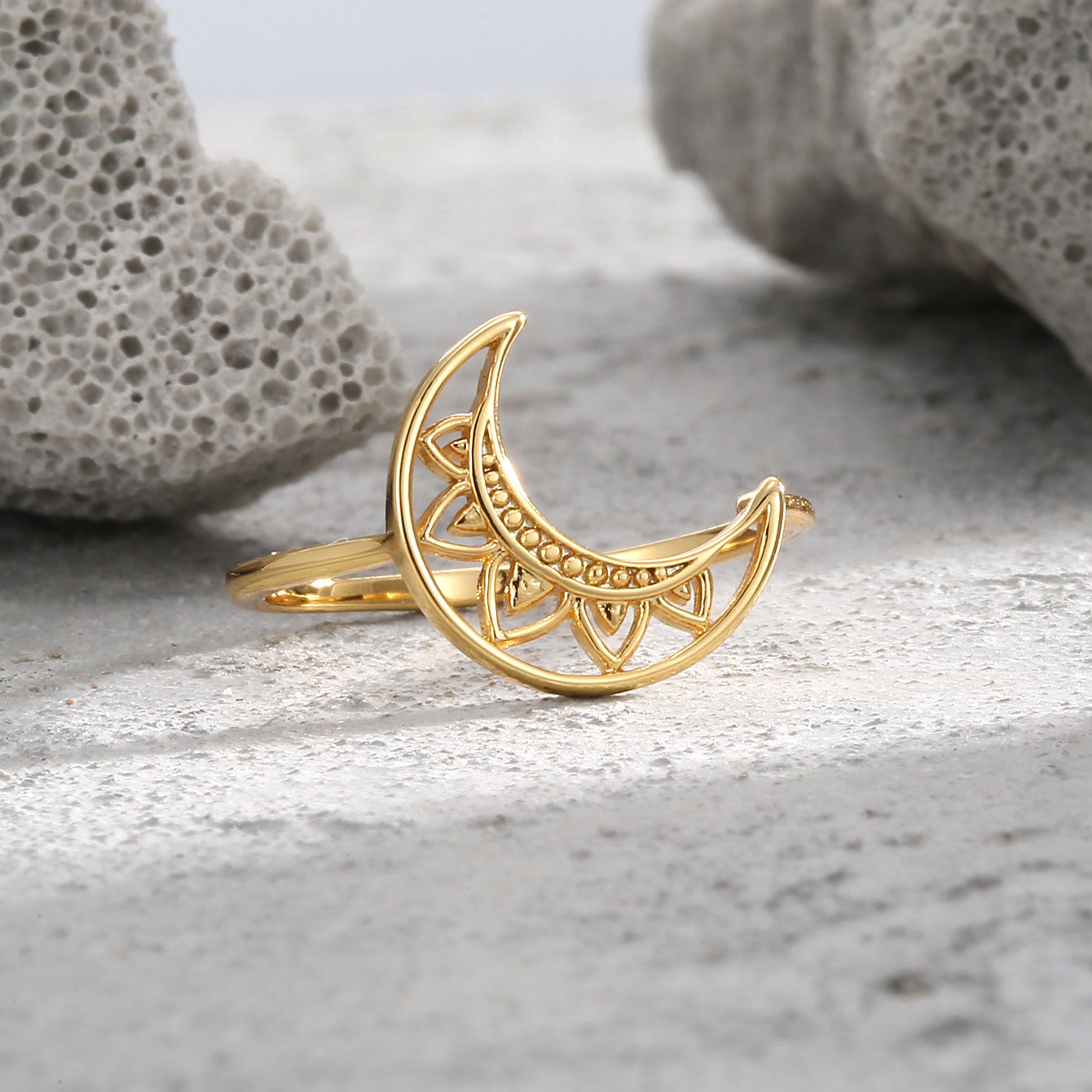 front view of the detailed filigree crescent moon ring
