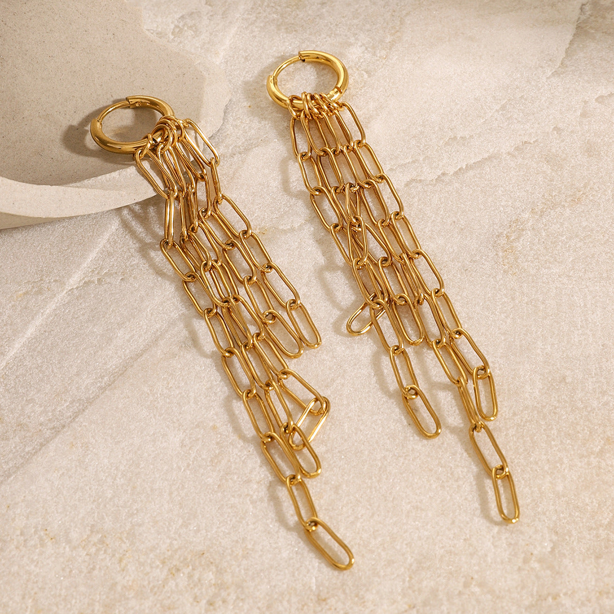 Gold-tone stainless steel paperclip chain tassel hoop earrings