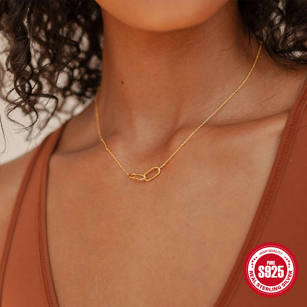 925 Sterling Silver Interlocking Oval Link Necklace — gold necklace worn at neckline