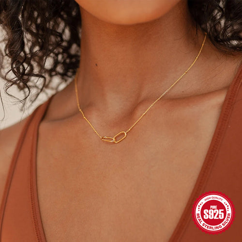 925 Sterling Silver Interlocking Oval Link Necklace — gold necklace worn at neckline