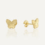 front and side view of gold plated textured butterfly studs