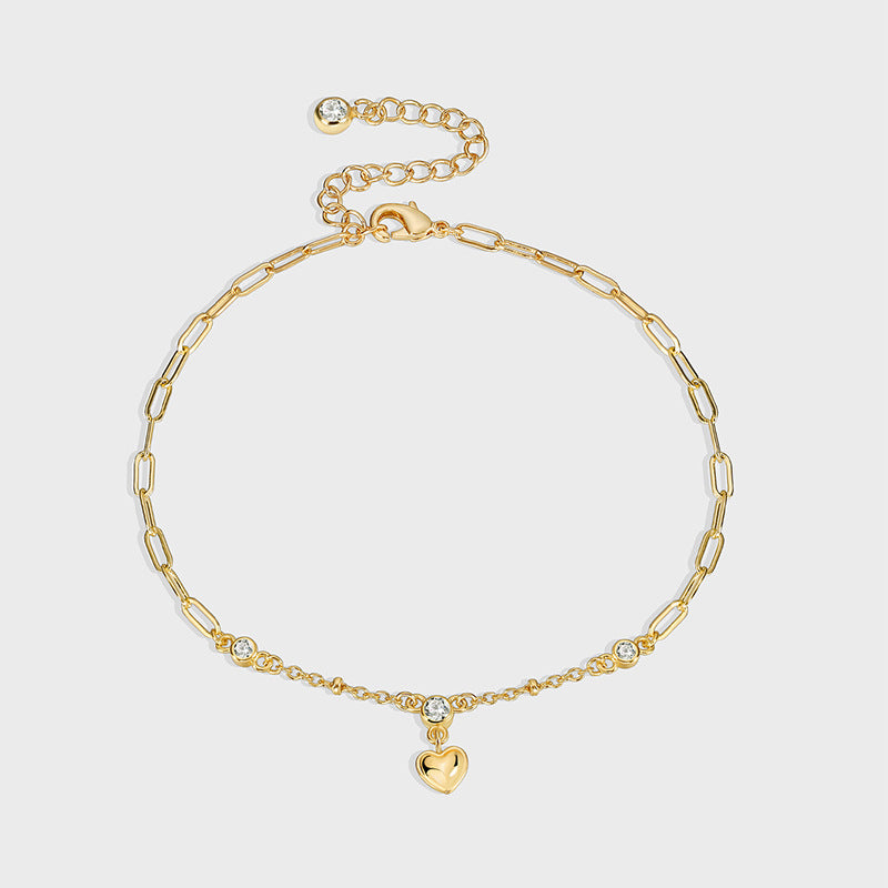 gold plated mixed-link anklet with heart drop and clear stones