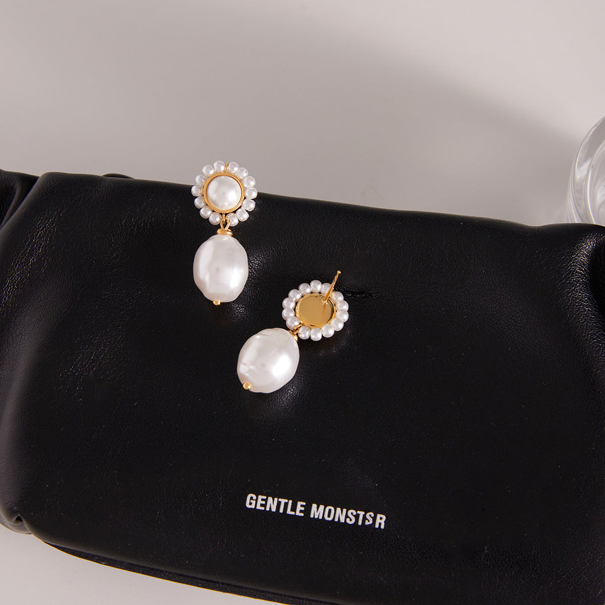 Gold-Tone Pearl-Look Stainless Steel Drop Earrings close-up product view