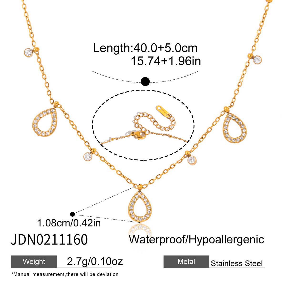 Open teardrop charm necklace size illustration