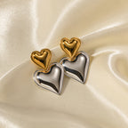 Two-Tone Double-Heart Stainless Steel Stud-Drop Earrings styled product view