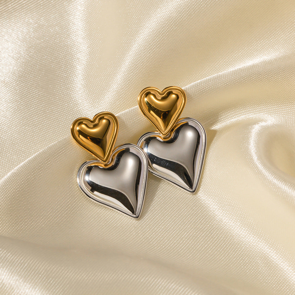 Two-Tone Double-Heart Stainless Steel Stud-Drop Earrings styled product view