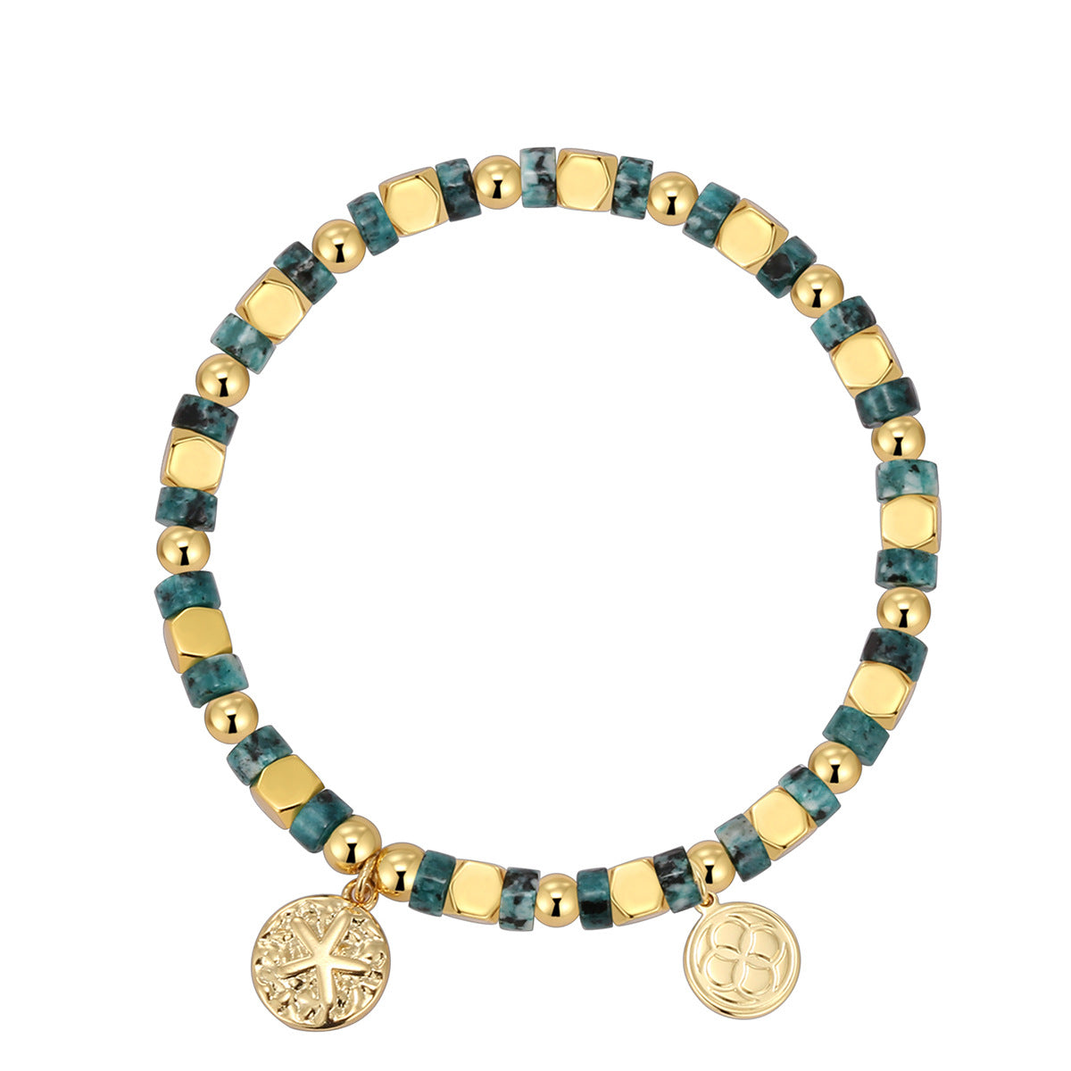 isolated starfish medallion bracelet with mottled blue-green beads