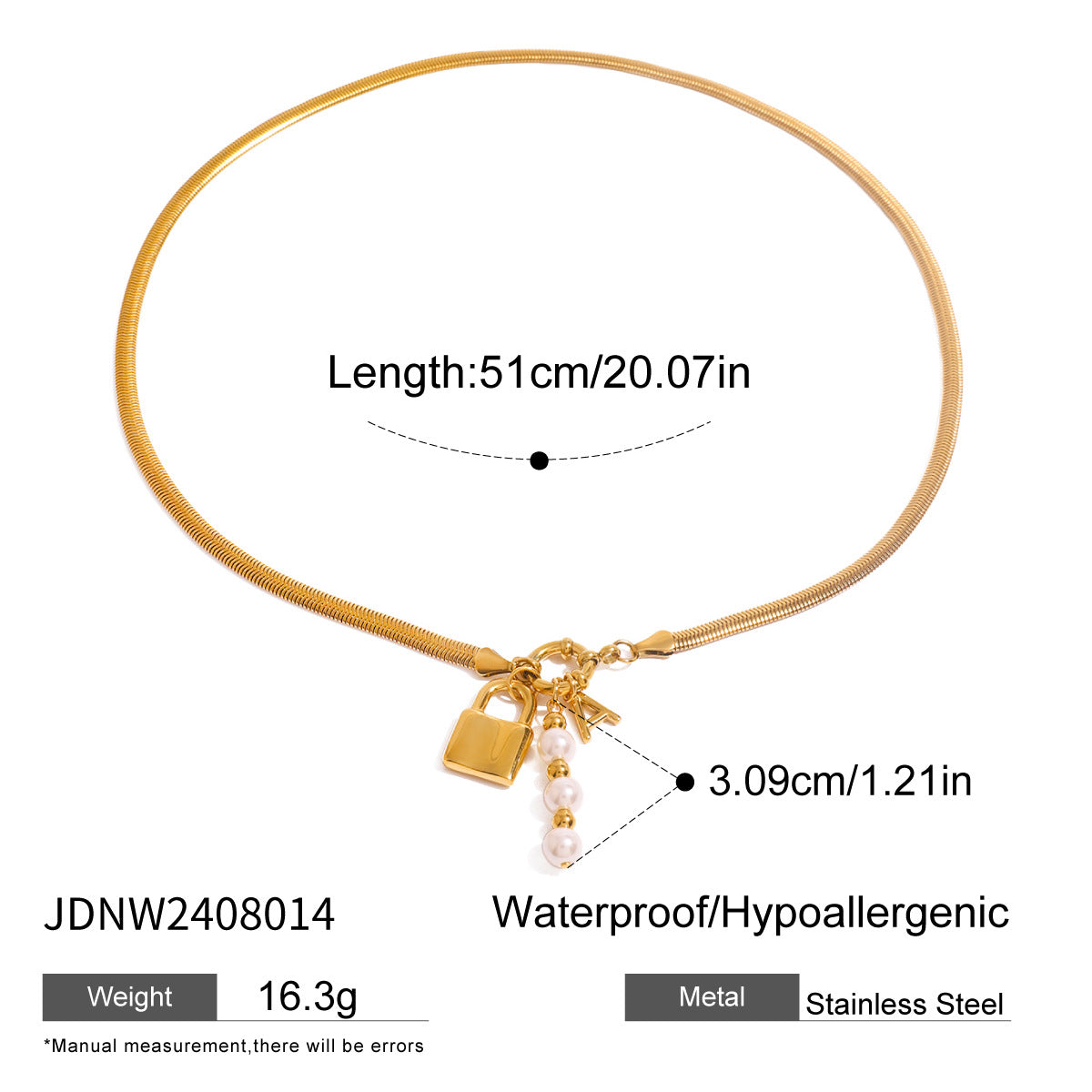 Gold-Tone Stainless Steel Lock Charm Necklace with Pearl-Look Drop — product reference