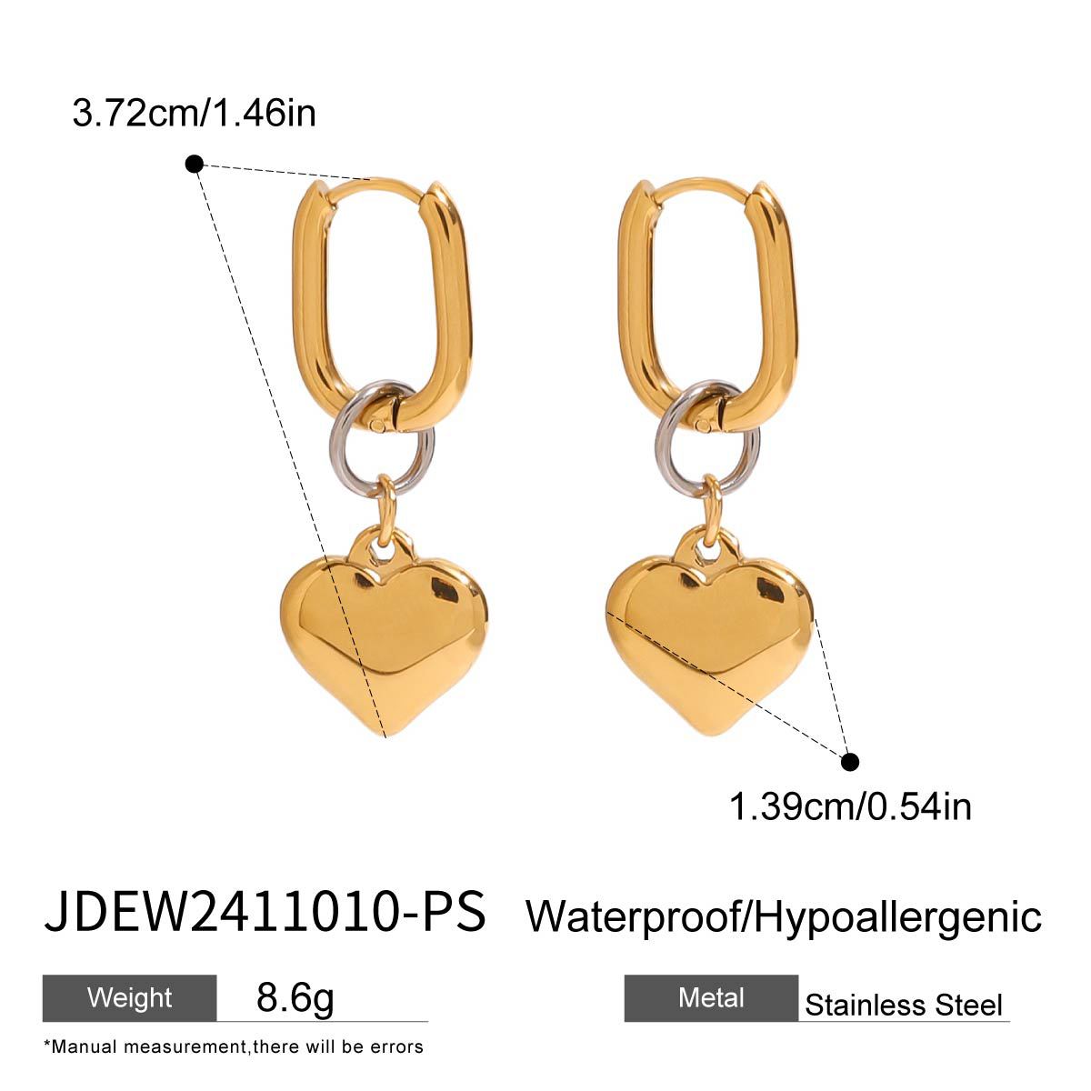 Gold-Tone Heart Charm Stainless Steel Hoop Earrings size and proportion reference
