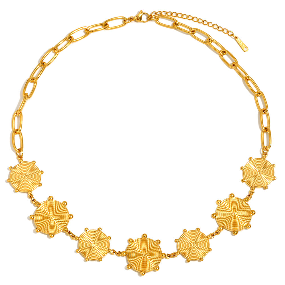 Gold Plated Stainless Steel Spiral Disc Station Necklace — clasp and chain detail
