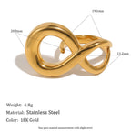 gold plated infinity open ring with marked face measurements and 6.8 g weight