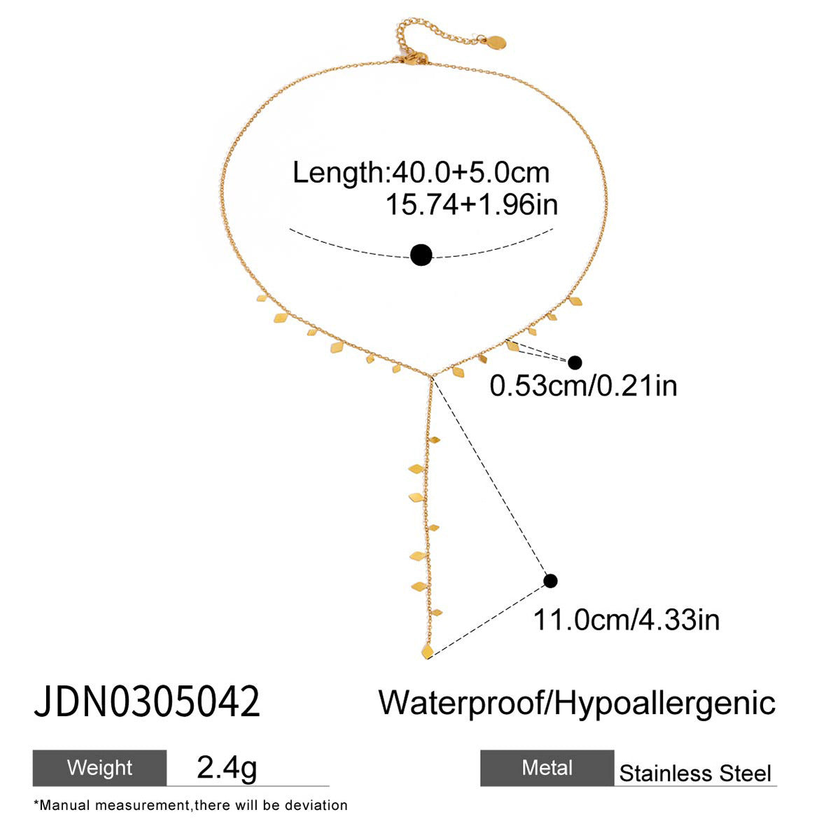 Geometric tab Y-necklace length and center-drop diagram