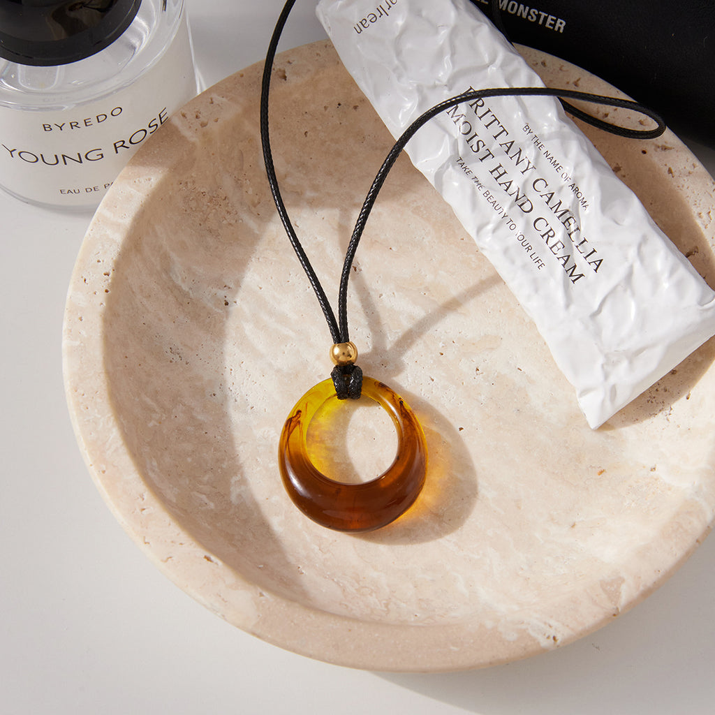 Amber-Color Resin Stainless Steel Cord Pendant Necklace close-up product view