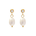 front cutout of stainless steel earrings with clear posts and pearl drops