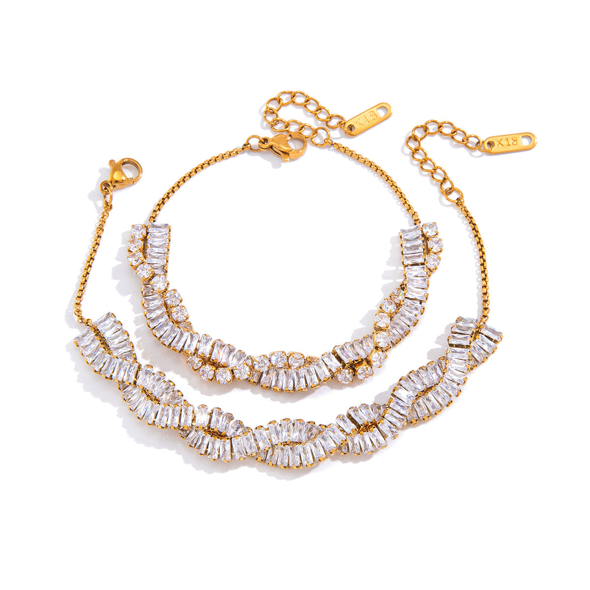 Both baguette-stone bracelet layouts on white