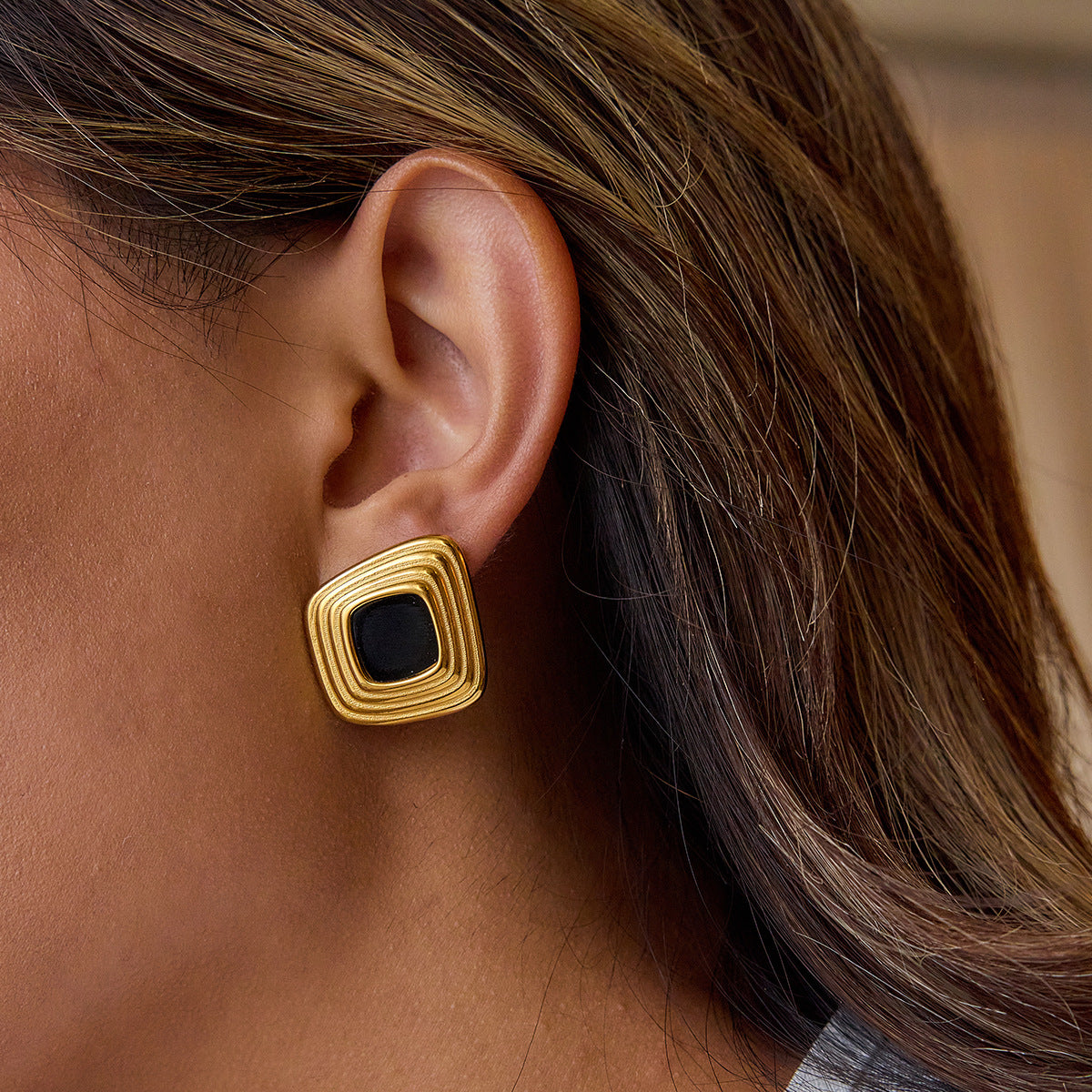 Wholesale Gold-Tone Stainless Steel Resin Square Stud Earrings in Three Colors - styled view