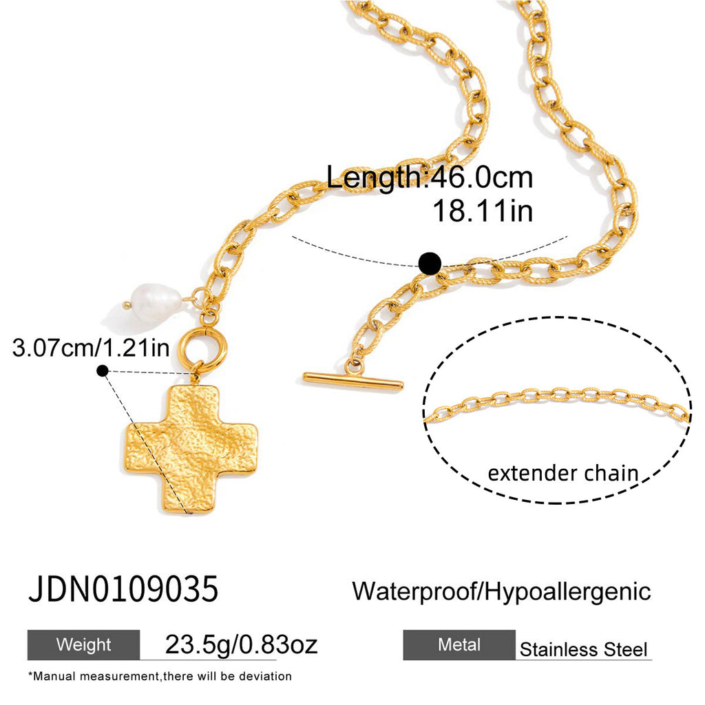 Textured broad cross necklace with toggle closure and its size diagram