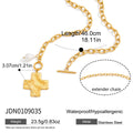 Textured broad cross necklace with toggle closure and its size diagram