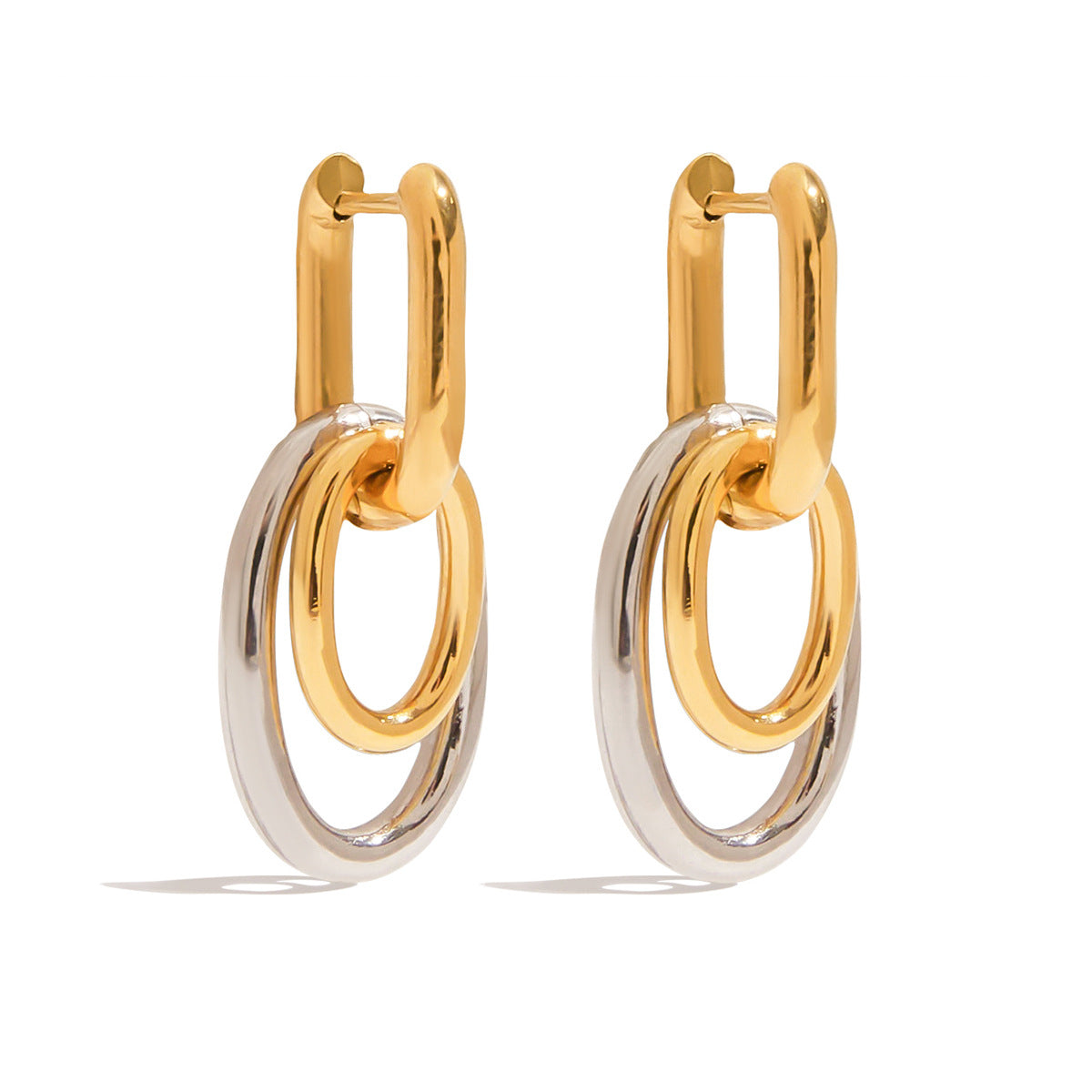 Wholesale Two-Tone Stainless Steel Oval Link Drop Earrings - design detail