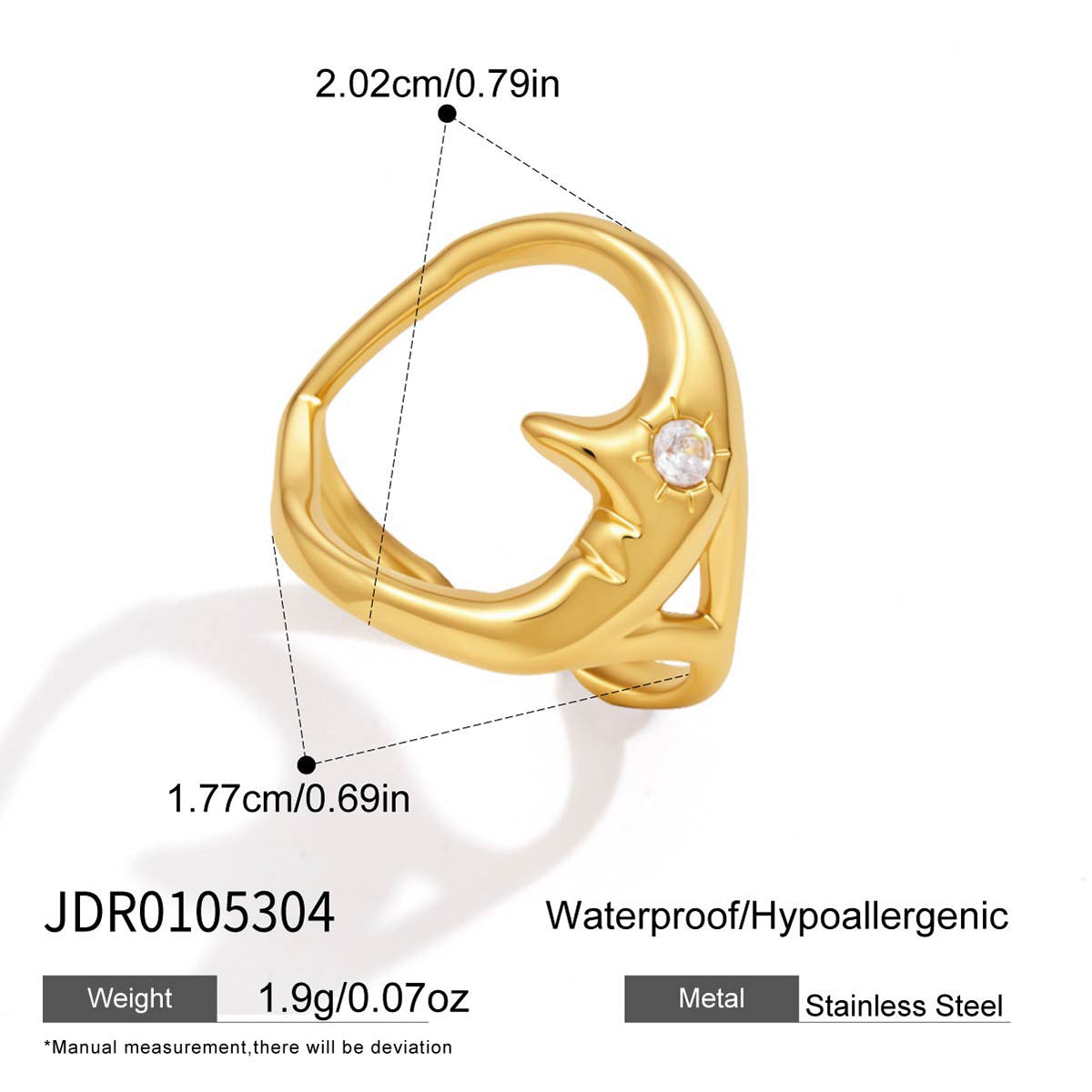 Moon-face open ring dimensions and material chart