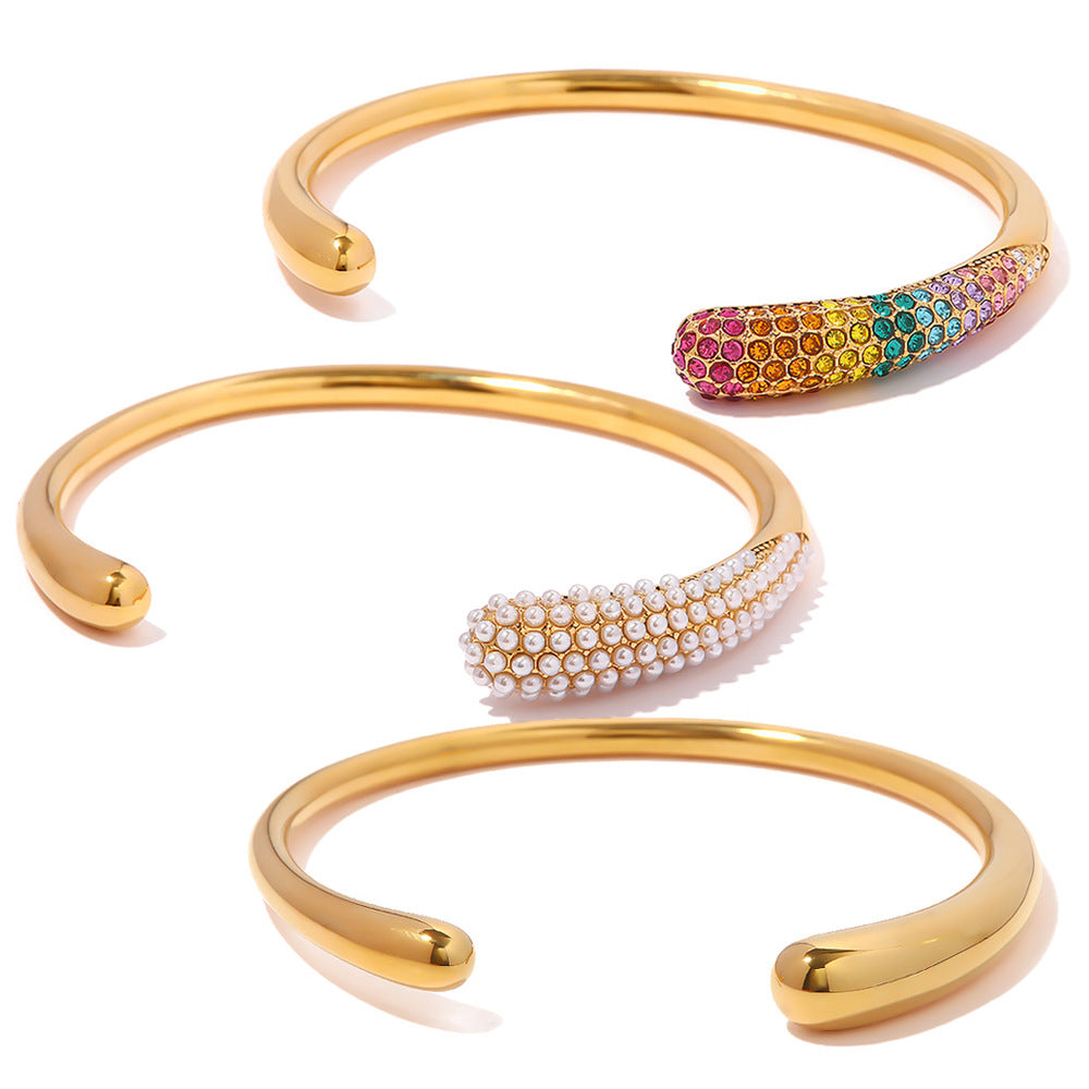 Gold plated cuff bracelets with clear and multicolor accents