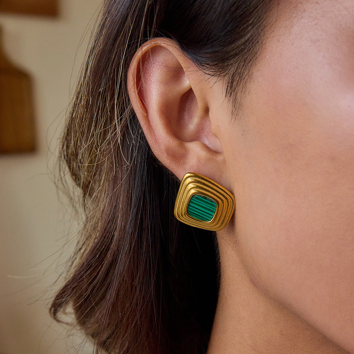 Wholesale Gold-Tone Stainless Steel Resin Square Stud Earrings in Three Colors - front view