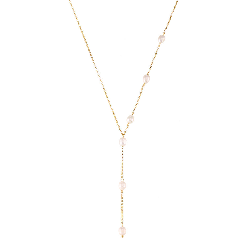 full pearl station Y necklace with a centered vertical drop