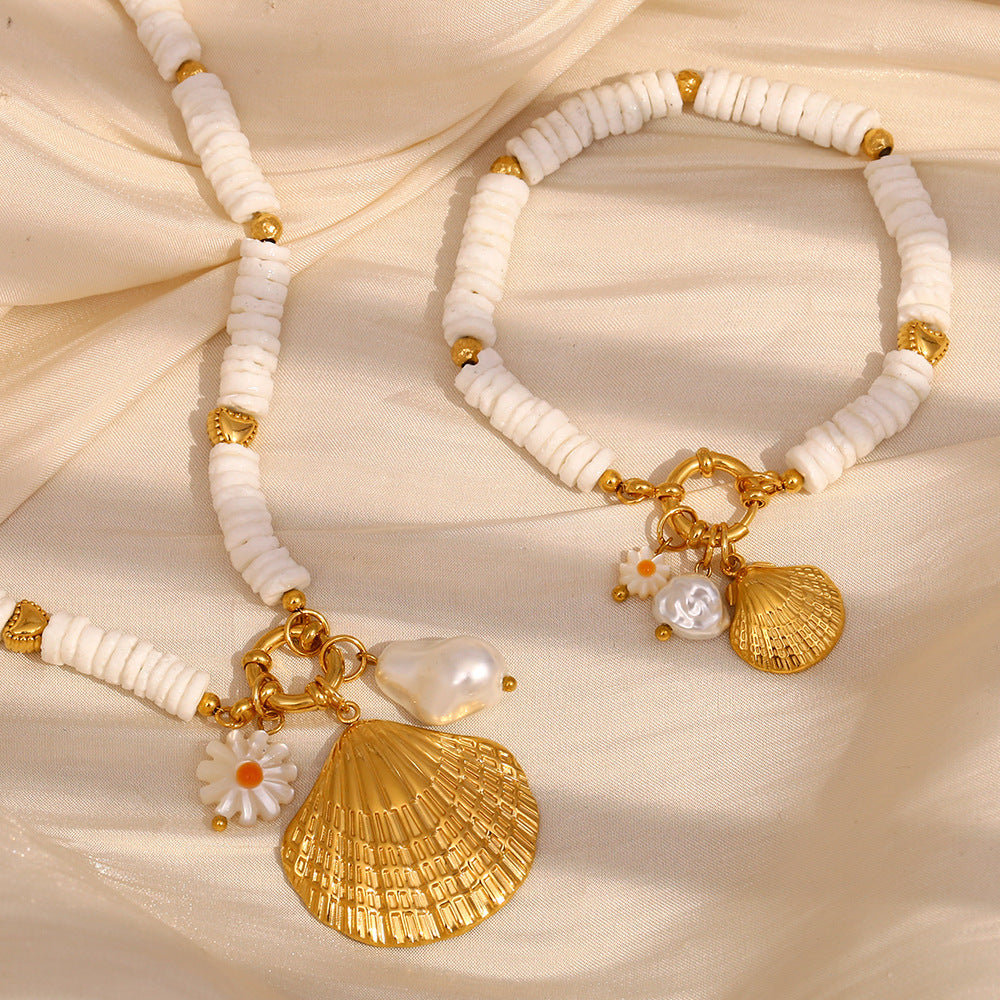 White bead shell bracelet and necklace styled view
