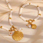 White bead shell bracelet and necklace styled view