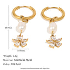 pearl and clear-stone flower huggie earrings with measurements