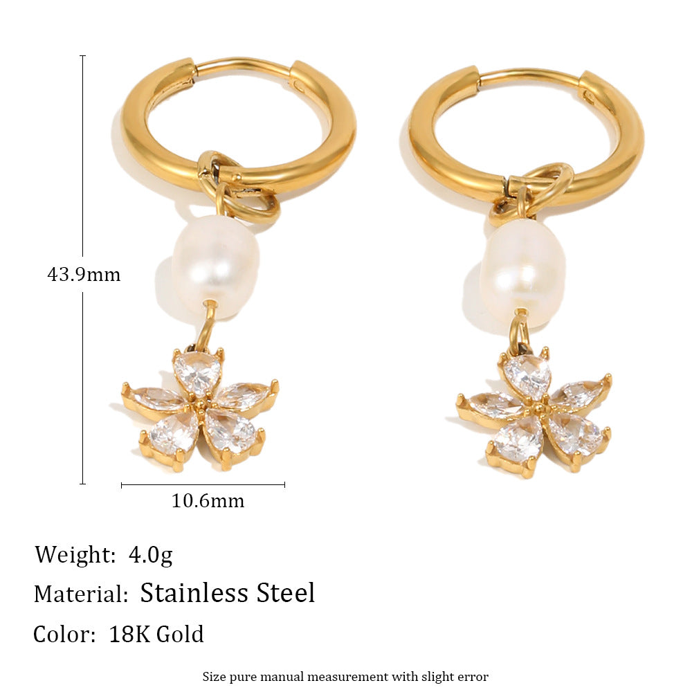 pearl and clear-stone flower huggie earrings with measurements