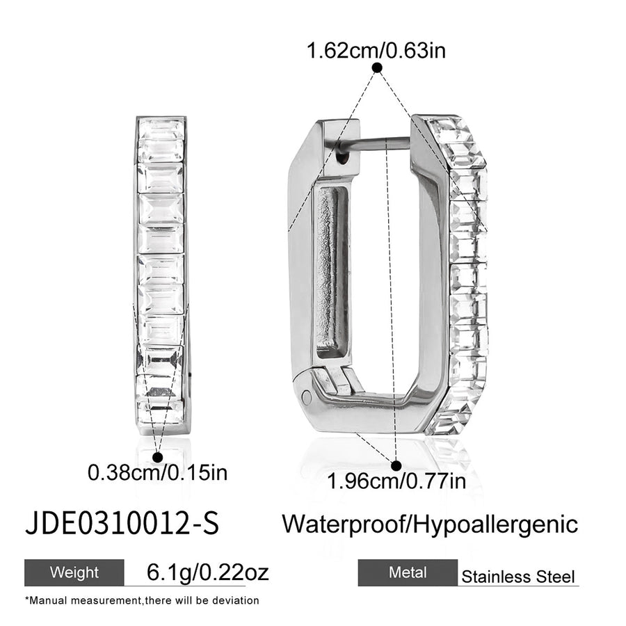 Clear-stone steel color rectangular hoops with measurements