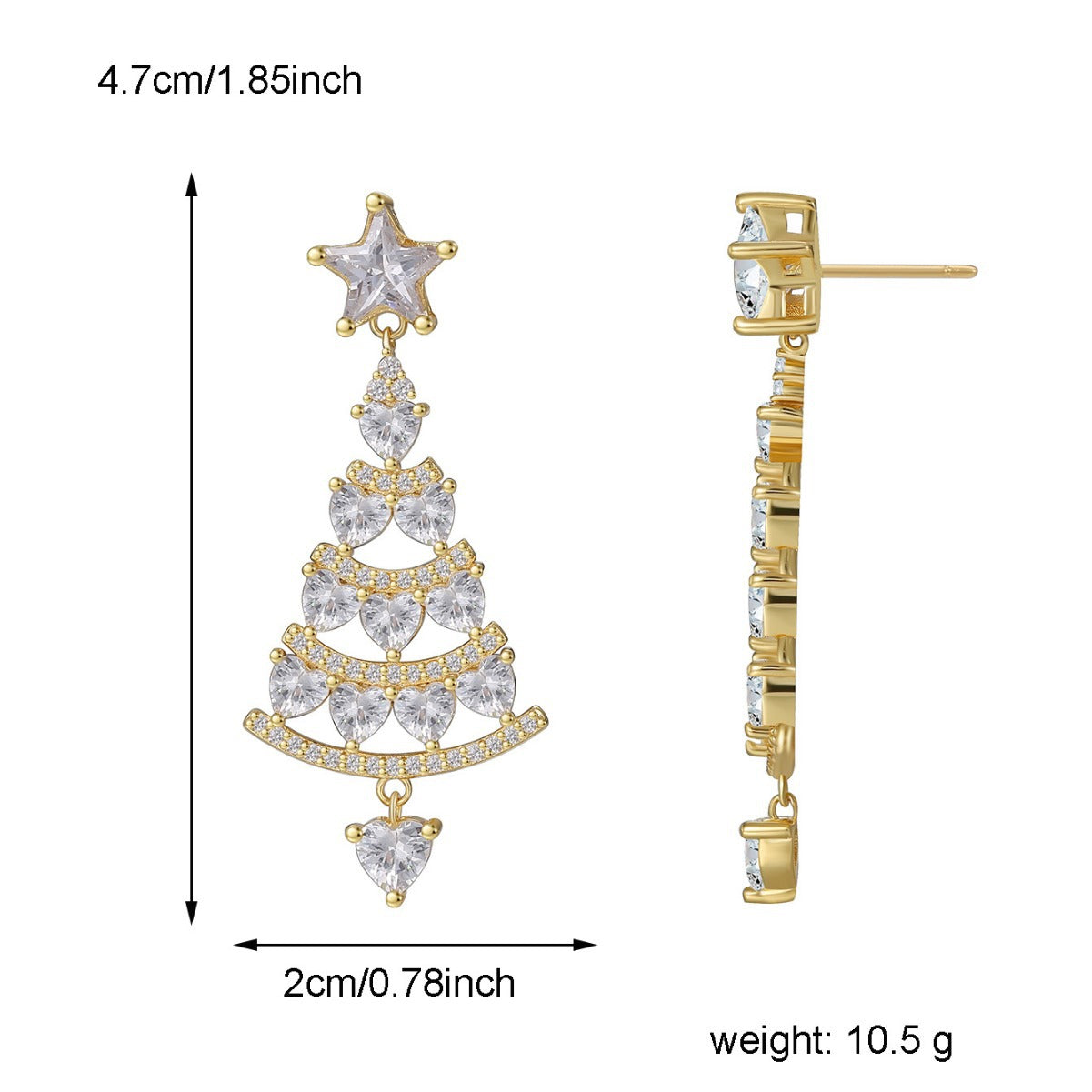 Christmas tree earring front and side size diagram showing 47 by 20 mm