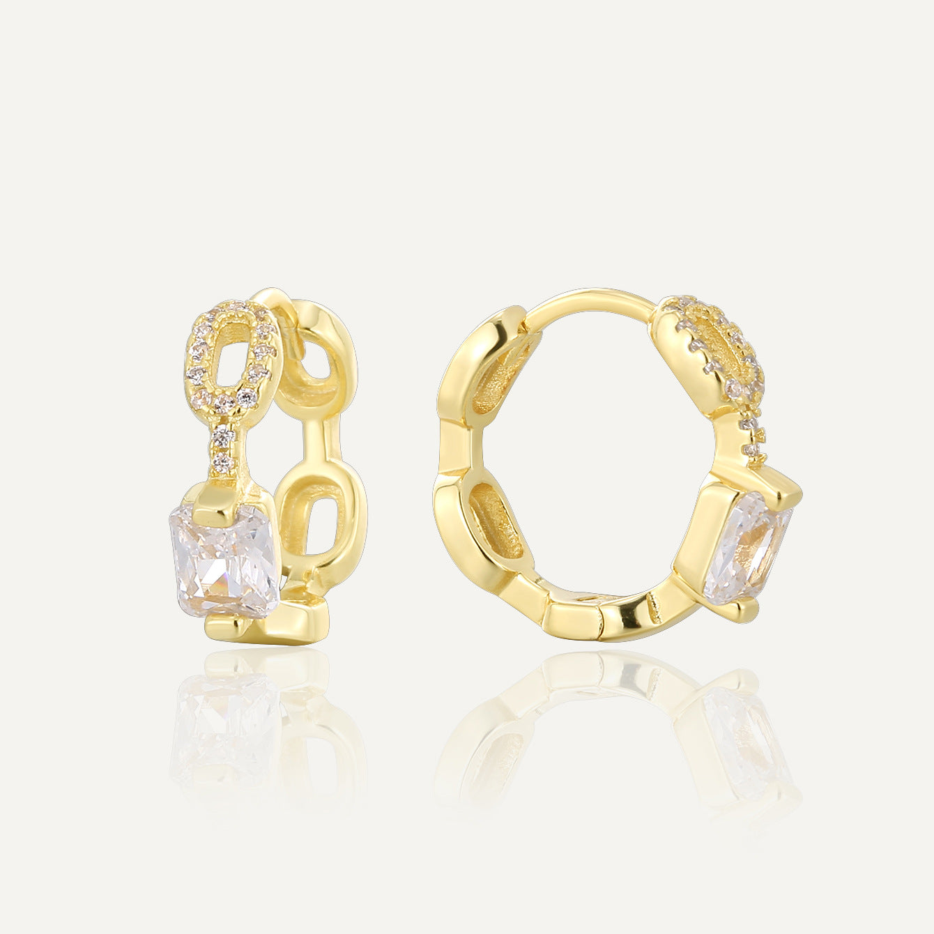 gold plated 925 silver chain-link huggies with clear zirconia