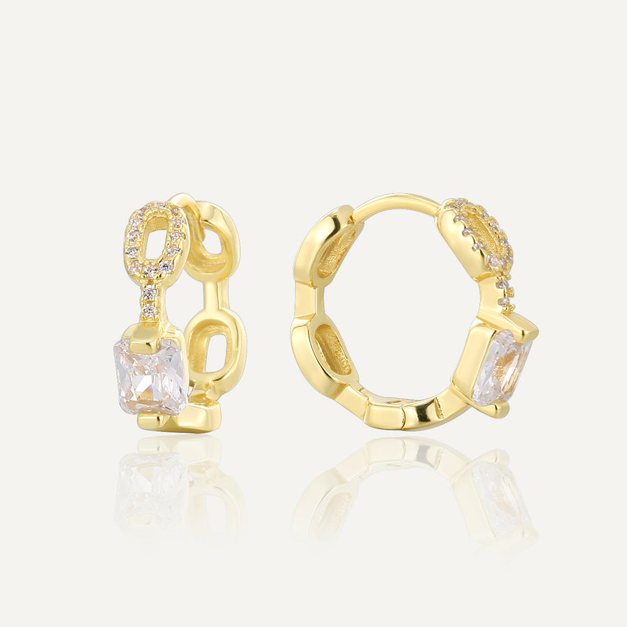 gold plated 925 silver chain-link huggies with clear zirconia