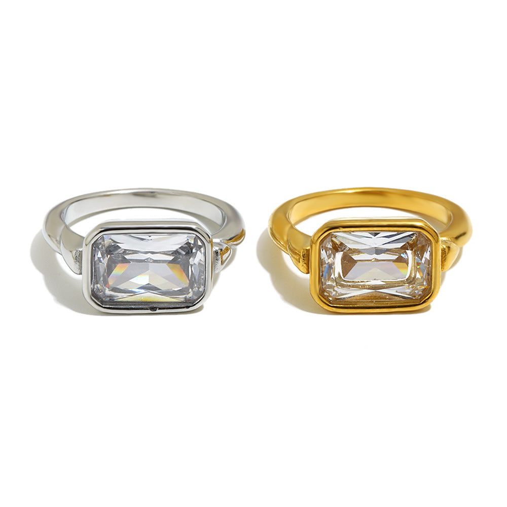 front view of rectangular zirconia rings in gold plated and silver finish