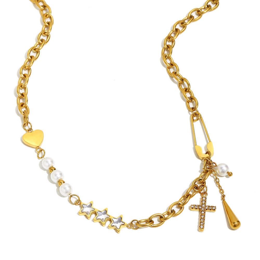 isolated cross star and white bead charm necklace