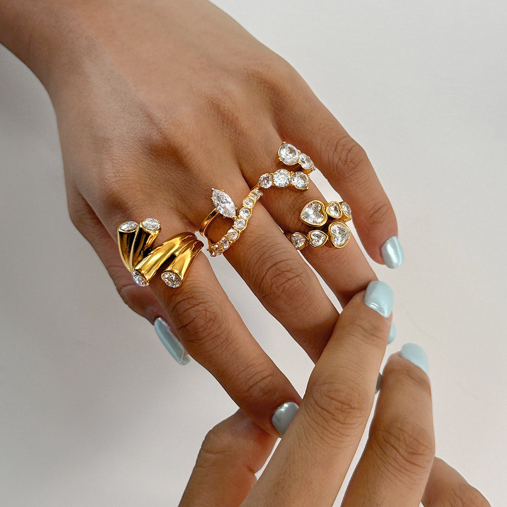 Gold Plated Clear Stone Stainless Steel Statement Ring Collection — cluster ring worn view