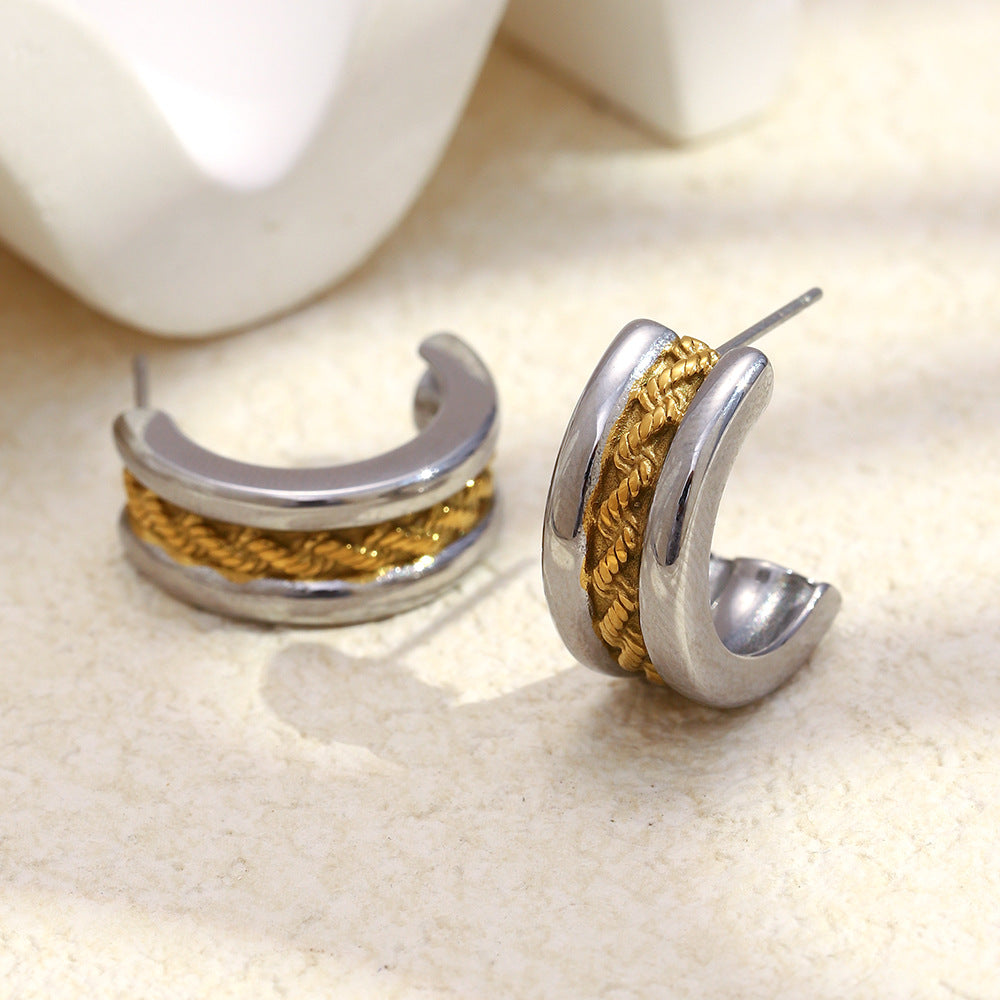 post-back view of two-tone braided C-hoop earrings