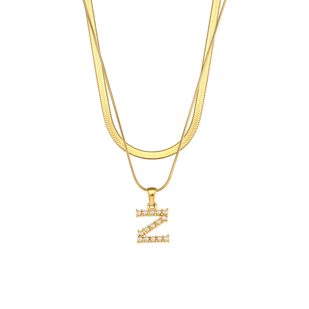 Imitation pearl letter Z pendant on layered stainless steel chains