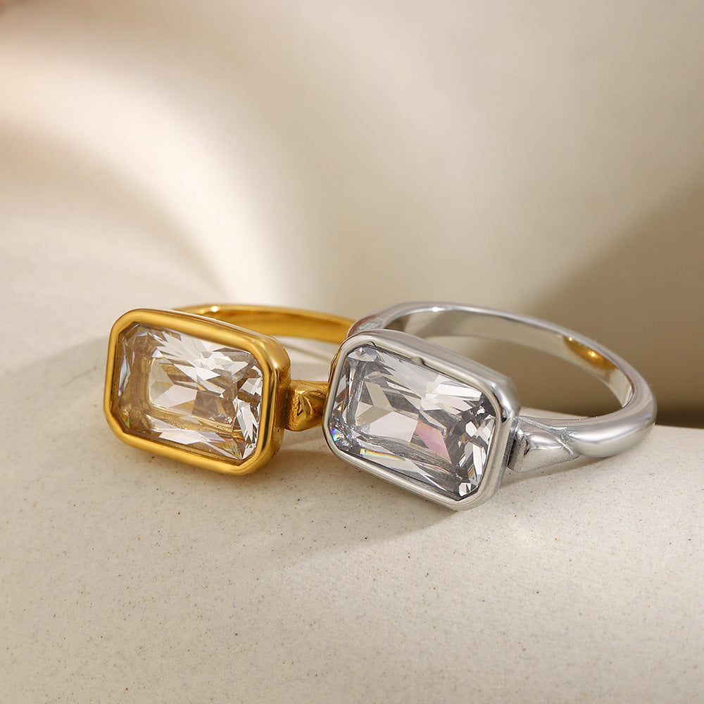 gold plated and silver-finish rectangular zirconia stainless steel rings