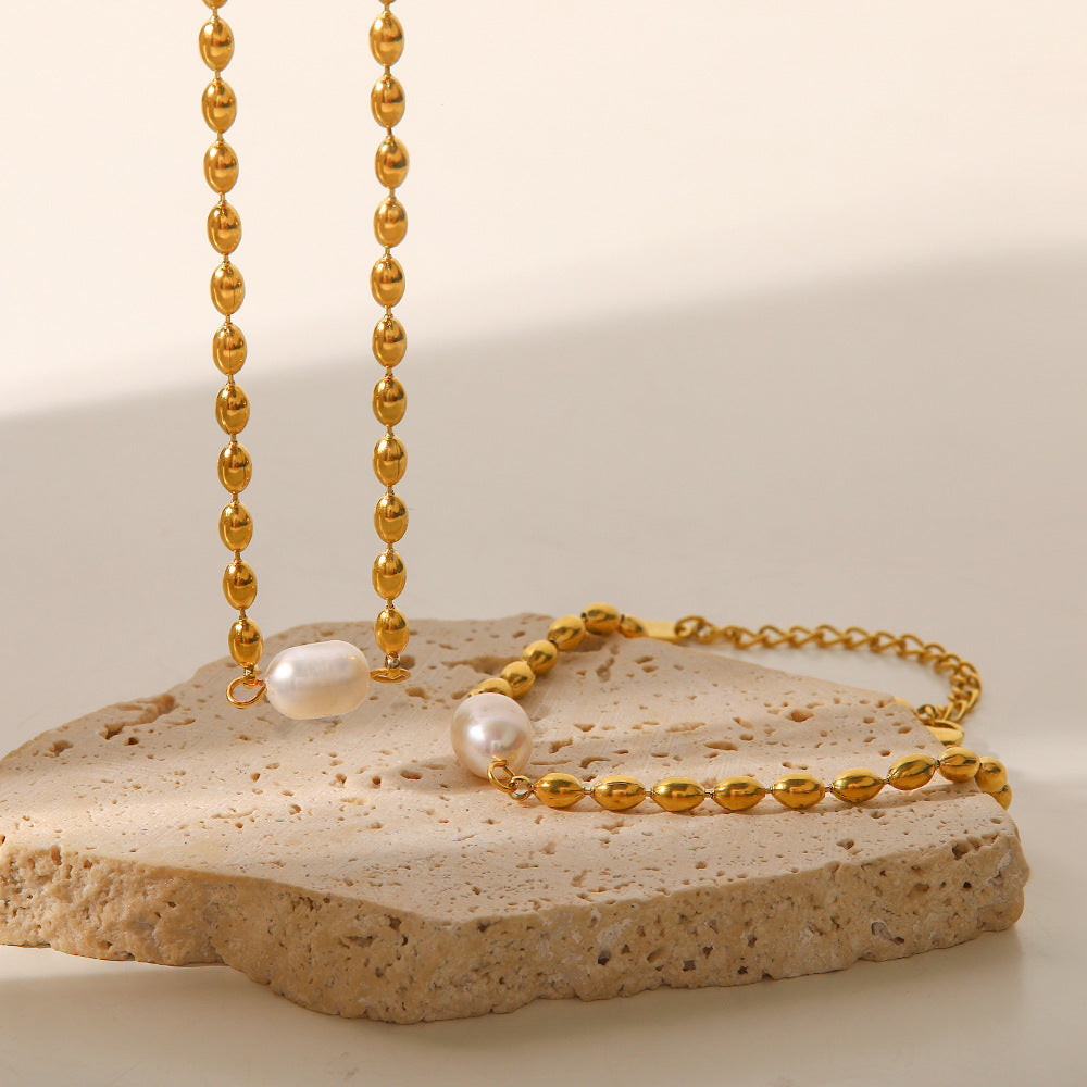 Gold Plated Stainless Steel Freshwater Pearl Oval Bead Jewelry Set — necklace and bracelet assortment