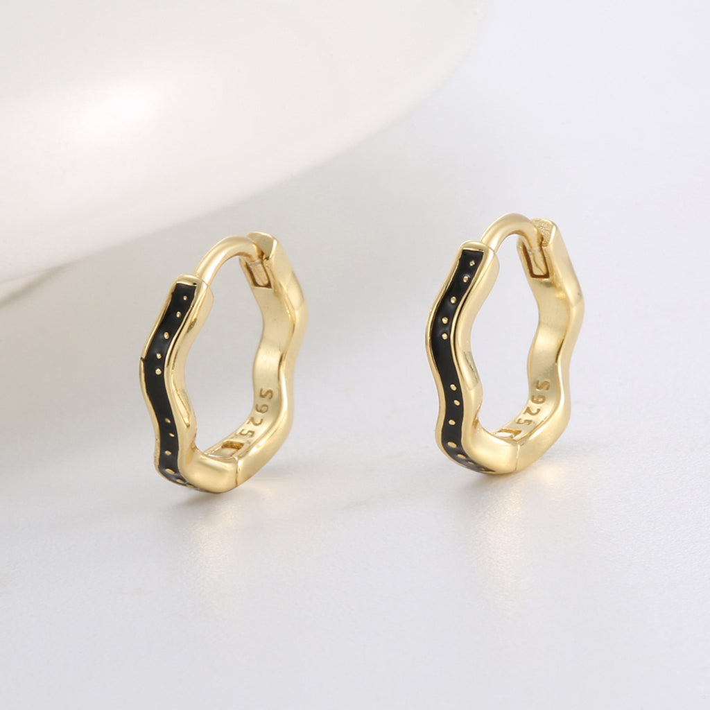 Gold Plated 925 Sterling Silver Black Resin Wave Hoop Earrings — upright pair with black inlay